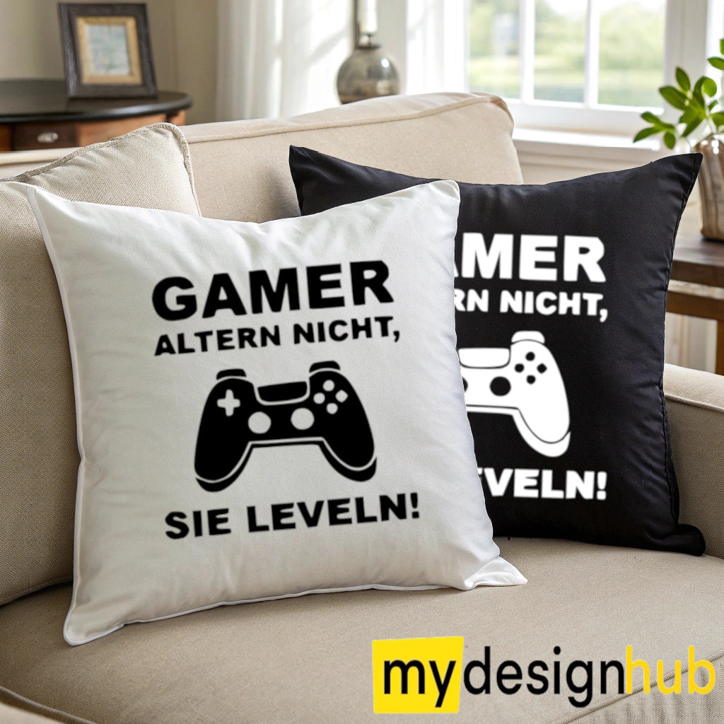 Kissenbezug mit Spruch Gamer altern nicht sie leveln Sprüche witzig Kissen Motiv 40x40