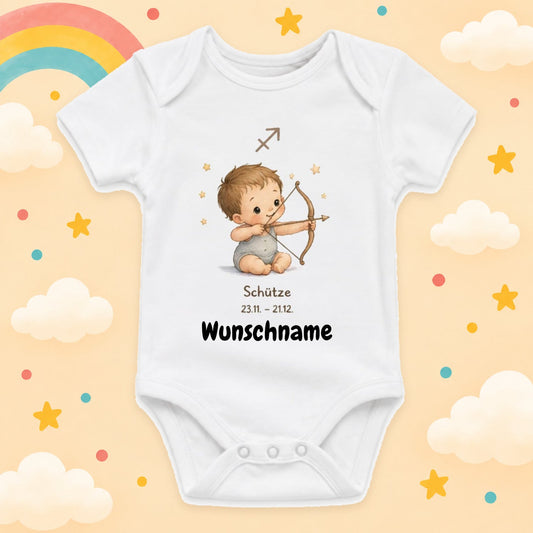Personalisierter Babybody Schütze Sternzeichen mit Wunschname Weißer Kurzarm Baby Body aus Baumwolle – Geschenk zur Geburt, Taufe, Babyparty für Jungen & Mädchen
