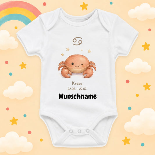 Personalisierter Babybody Krebs Sternzeichen mit Wunschname Weißer Kurzarm Baby Body aus Baumwolle – Geschenk zur Geburt, Taufe, Babyparty für Jungen & Mädchen