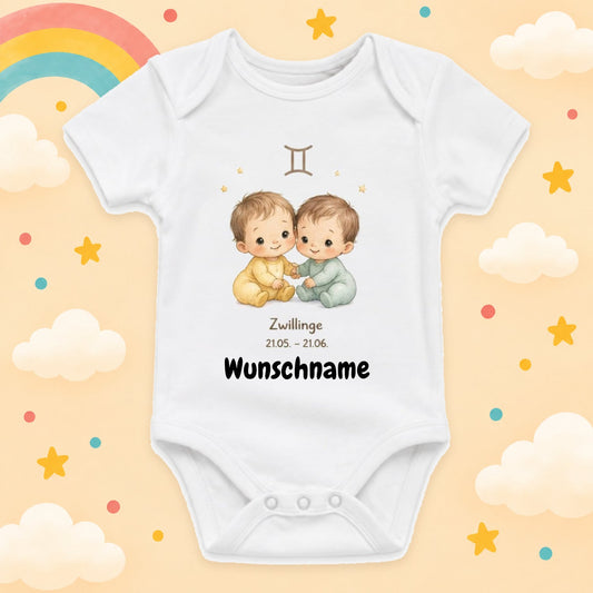 Personalisierter Babybody Zwillinge Sternzeichen mit Wunschname Weißer Kurzarm Baby Body aus Baumwolle – Geschenk zur Geburt, Taufe, Babyparty für Jungen & Mädchen