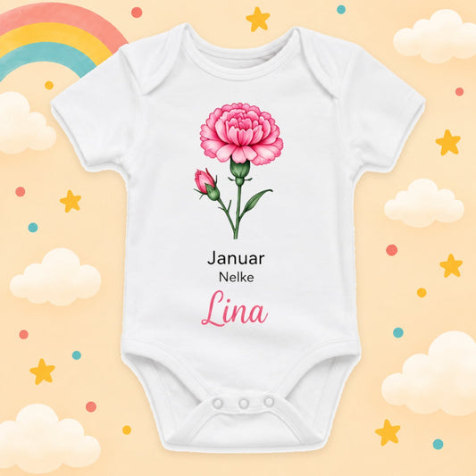Personalisierter Babybody Geburtsblume mit Wunschname Weißer Kurzarm Baby Body aus Baumwolle – Geschenk zur Geburt, Taufe, Babyparty für Jungen & Mädchen, Januar