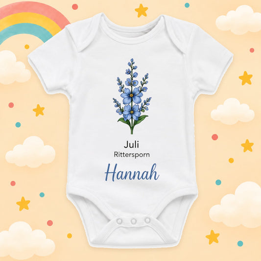 Personalisierter Babybody Geburtsblume mit Wunschname Weißer Kurzarm Baby Body aus Baumwolle – Geschenk zur Geburt, Taufe, Babyparty für Jungen & Mädchen, Juli