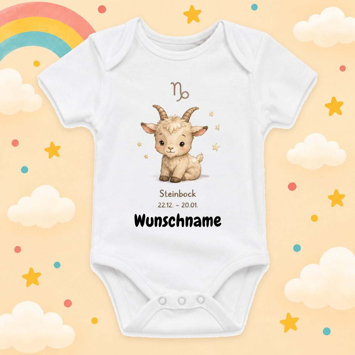 Personalisierter Babybody Steinbock Sternzeichen mit Wunschname Weißer Kurzarm Baby Body aus Baumwolle – Geschenk zur Geburt, Taufe, Babyparty für Jungen & Mädchen