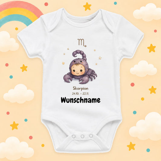 Personalisierter Babybody Skorpion Sternzeichen mit Wunschname Weißer Kurzarm Baby Body aus Baumwolle – Geschenk zur Geburt, Taufe, Babyparty für Jungen & Mädchen