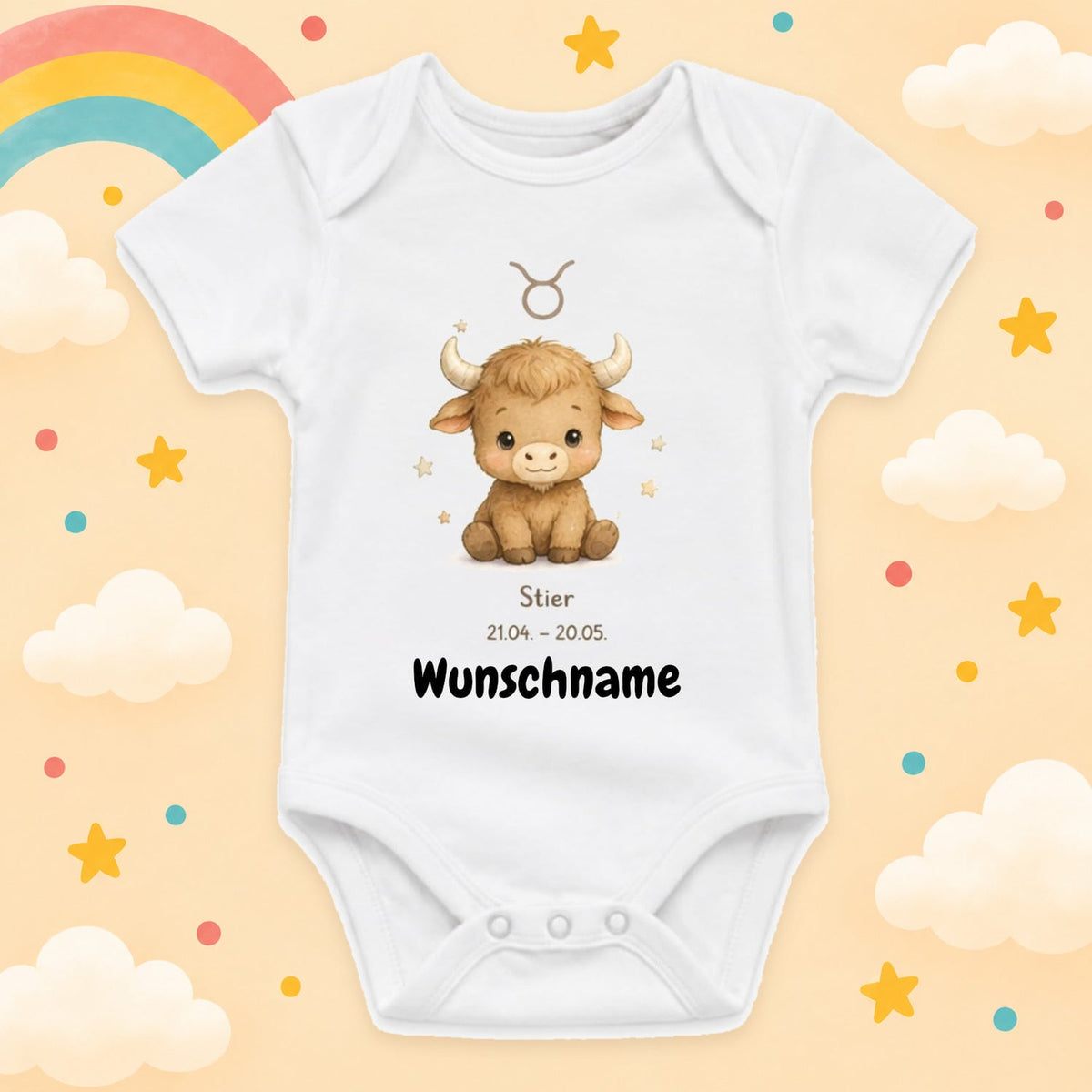 Personalisierter Babybody Stier Sternzeichen mit Wunschname Weißer Kurzarm Baby Body aus Baumwolle – Geschenk zur Geburt, Taufe, Babyparty für Jungen & Mädchen