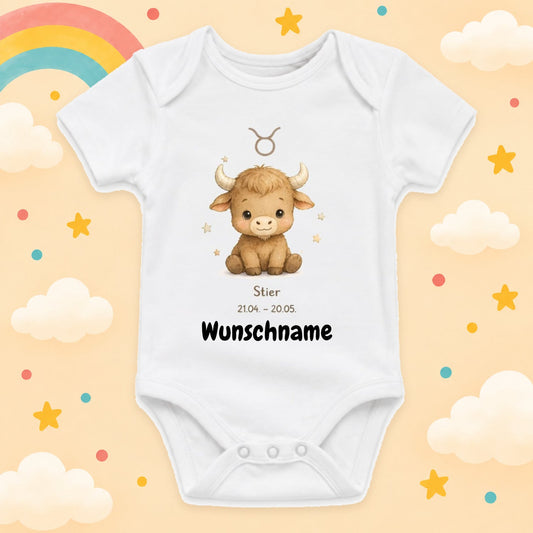 Personalisierter Babybody Stier Sternzeichen mit Wunschname Weißer Kurzarm Baby Body aus Baumwolle – Geschenk zur Geburt, Taufe, Babyparty für Jungen & Mädchen