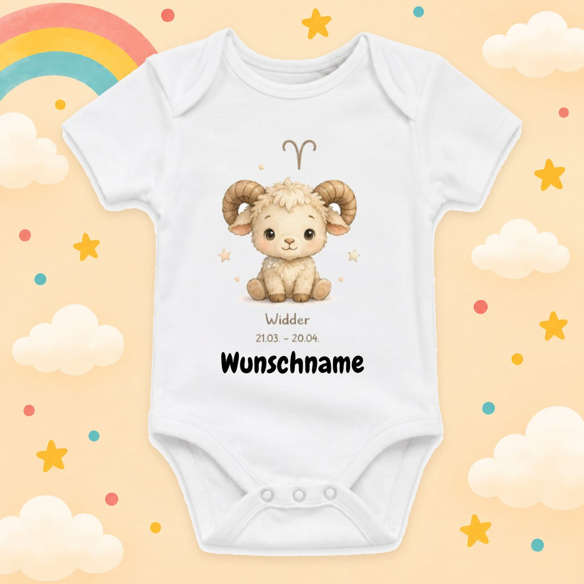 Personalisierter Babybody Widder Sternzeichen mit Wunschname Weißer Kurzarm Baby Body aus Baumwolle – Geschenk zur Geburt, Taufe, Babyparty für Jungen & Mädchen