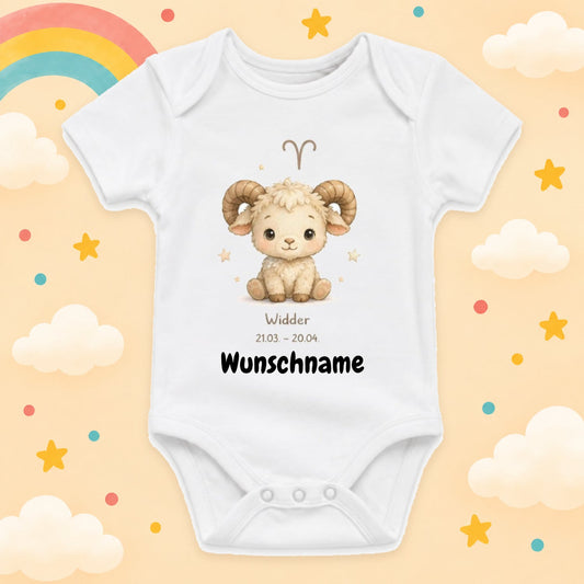 Personalisierter Babybody Widder Sternzeichen mit Wunschname Weißer Kurzarm Baby Body aus Baumwolle – Geschenk zur Geburt, Taufe, Babyparty für Jungen & Mädchen