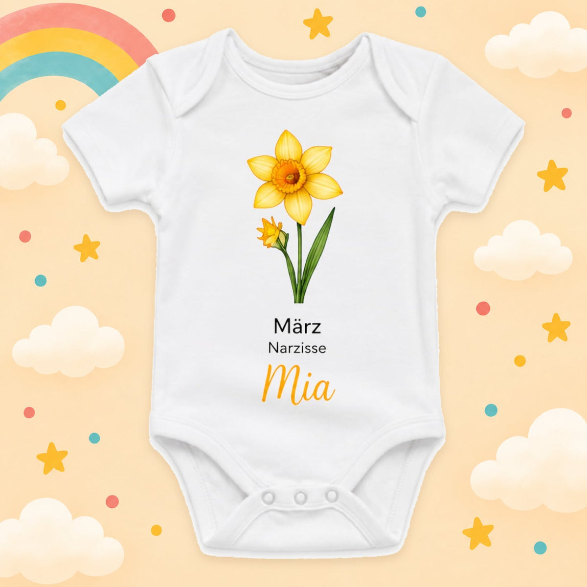 Personalisierter Babybody Geburtsblume mit Wunschname Weißer Kurzarm Baby Body aus Baumwolle – Geschenk zur Geburt, Taufe, Babyparty für Jungen & Mädchen, März