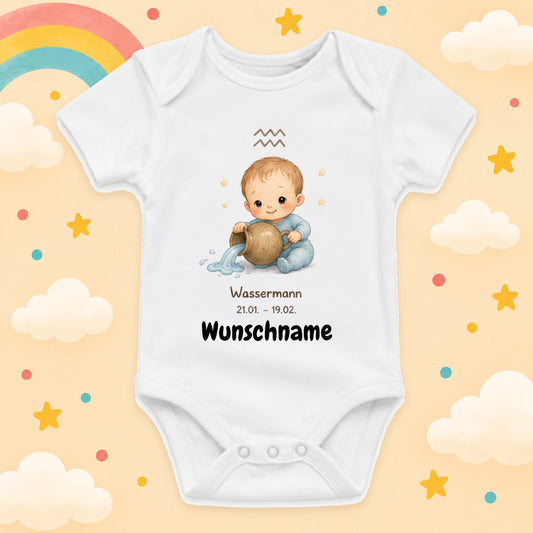 Personalisierter Babybody Wassermann Sternzeichen mit Wunschname Weißer Kurzarm Baby Body aus Baumwolle – Geschenk zur Geburt, Taufe, Babyparty für Jungen & Mädchen