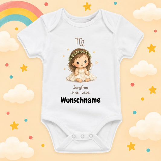 Personalisierter Babybody Jungfrau Sternzeichen mit Wunschname Weißer Kurzarm Baby Body aus Baumwolle – Geschenk zur Geburt, Taufe, Babyparty für Jungen & Mädchen