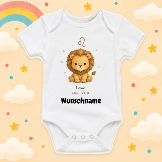 Personalisierter Babybody Löwe Sternzeichen mit Wunschname Weißer Kurzarm Baby Body aus Baumwolle – Geschenk zur Geburt, Taufe, Babyparty für Jungen & Mädchen