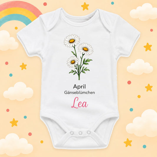 Personalisierter Babybody Geburtsblume mit Wunschname Weißer Kurzarm Baby Body aus Baumwolle – Geschenk zur Geburt, Taufe, Babyparty für Jungen & Mädchen, April