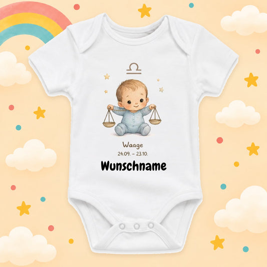 Personalisierter Babybody Waage Sternzeichen mit Wunschname Weißer Kurzarm Baby Body aus Baumwolle – Geschenk zur Geburt, Taufe, Babyparty für Jungen & Mädchen