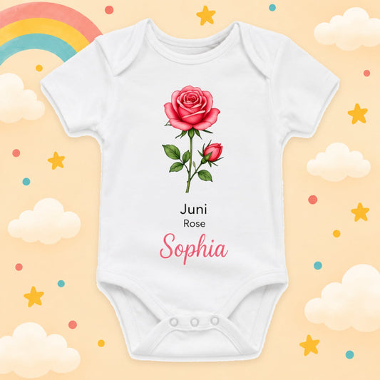 Personalisierter Babybody Geburtsblume mit Wunschname Weißer Kurzarm Baby Body aus Baumwolle – Geschenk zur Geburt, Taufe, Babyparty für Jungen & Mädchen, Juni