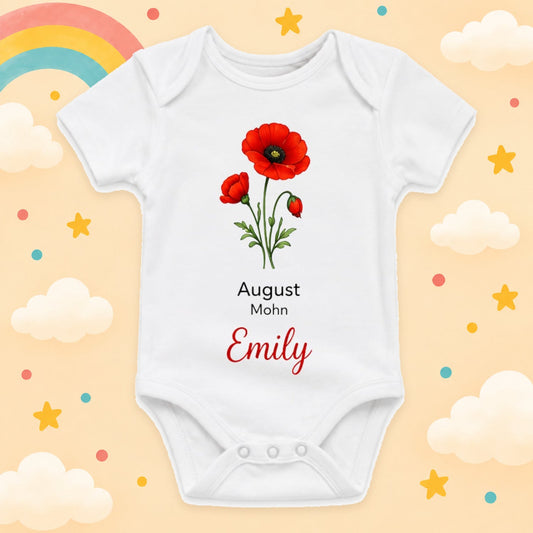 Personalisierter Babybody Geburtsblume mit Wunschname Weißer Kurzarm Baby Body aus Baumwolle – Geschenk zur Geburt, Taufe, Babyparty für Jungen & Mädchen, August