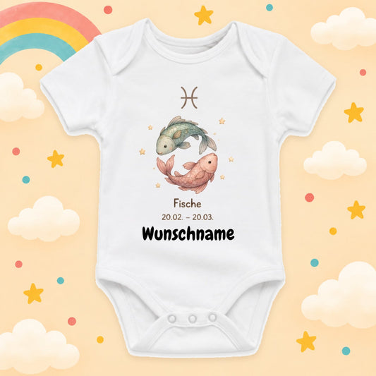 Personalisierter Babybody Fische Sternzeichen mit Wunschname Weißer Kurzarm Baby Body aus Baumwolle – Geschenk zur Geburt, Taufe, Babyparty für Jungen & Mädchen