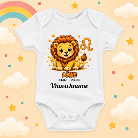 Babybody Sternzeichen Personalisiert mit Wunschname Weißer Kurzarm Baby Body aus Baumwolle – Geschenk zur Geburt, Taufe, Babyparty unisex für Jungen & Mädchen, Löwe