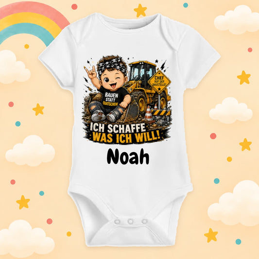 Babybody personalisiert Baustelle mit Wunschname Ich schaffe was ich will Weißer Kurzarm Baby Body aus Baumwolle mit Bagger Motiv Geschenk zur Geburt, Babyparty, Taufe