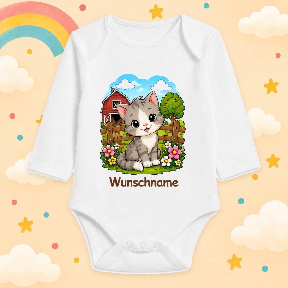 Babybody Bauernhof personalisiert mit Name – Langarm Baby Body mit Wunschname Geschenk zur Geburt für Jungen & Mädchen, Katze