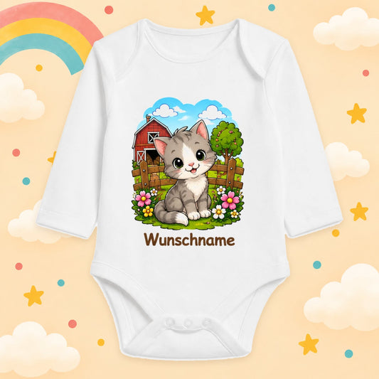 Babybody Bauernhof personalisiert mit Name – Langarm Baby Body mit Wunschname Geschenk zur Geburt für Jungen & Mädchen, Katze