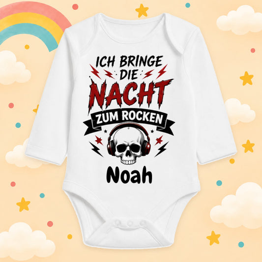 Babybody Langarm personalisiert mit Name Rocker Baby Body mit Rock & Metal Motiv Lustiger Spruch Geschenk für Jungen & Mädchen, Ich bringe die Nacht zum rocken