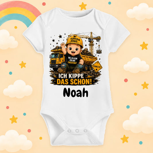 Babybody personalisiert Baustelle mit Wunschname Ich kippe das schon Weißer Kurzarm Baby Body aus Baumwolle mit Kipper Motiv Geschenk zur Geburt, Babyparty, Taufe