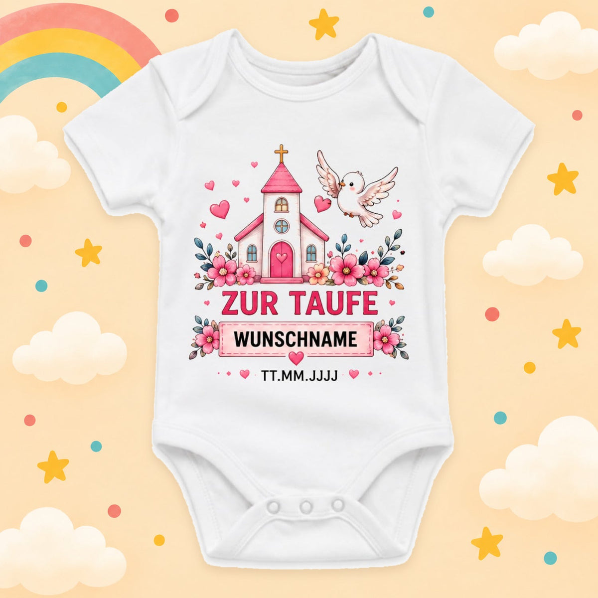 Personalisierter Babybody Taufe Mädchen mit Name & Datum – Taufbody Kurzarm – Geschenk zur Taufe – Taufgeschenk Baby – verschiedene Taufmotive mit Wunschname, Kirche