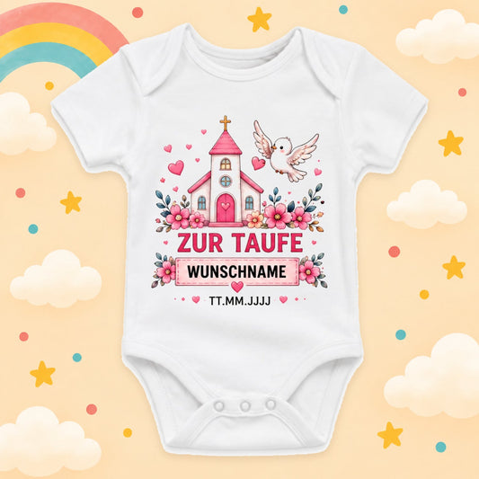 Personalisierter Babybody Taufe Mädchen mit Name & Datum – Taufbody Kurzarm – Geschenk zur Taufe – Taufgeschenk Baby – verschiedene Taufmotive mit Wunschname, Kirche