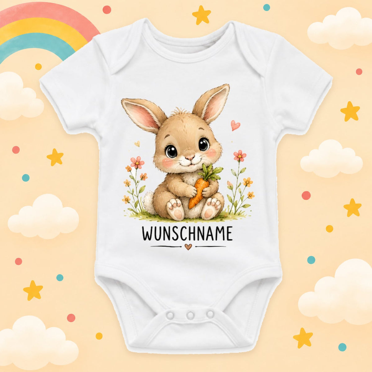 Babybody Motiv Hase personalisiert mit Wunschname unisex Individuell bedruckt kurzarm Baumwolle weiß süßes Tiermotiv Geschenk zur Geburt, Taufe & Babyparty