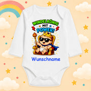 Babybody Personalisiert Junge Motiv & Spruch Windelkönig mit Power Individuell bedruckt mit Wunschname Baumwolle weiß langarm Geschenk zur Geburt, Taufe & Babyparty