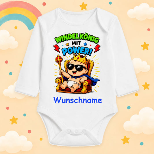 Babybody Personalisiert Junge Motiv & Spruch Windelkönig mit Power Individuell bedruckt mit Wunschname Baumwolle weiß langarm Geschenk zur Geburt, Taufe & Babyparty