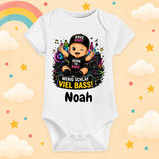 Babybody Personalisiert Techno Junge Motiv & Spruch Wenig Schlaf viel Bass Individuell bedruckt mit Wunschname Baumwolle Geschenk zur Geburt, Taufe & Babyparty