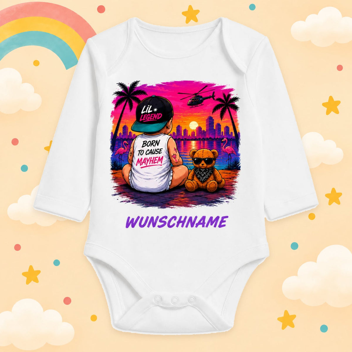 Personalisierter Babybody Langarm Gaming & Videospiel Zocker Motiv mit Wunschname Neon Großstadt Gamer Baby Outfit Baumwolle Weiß Geschenk Taufe Geburt, Lil Legend