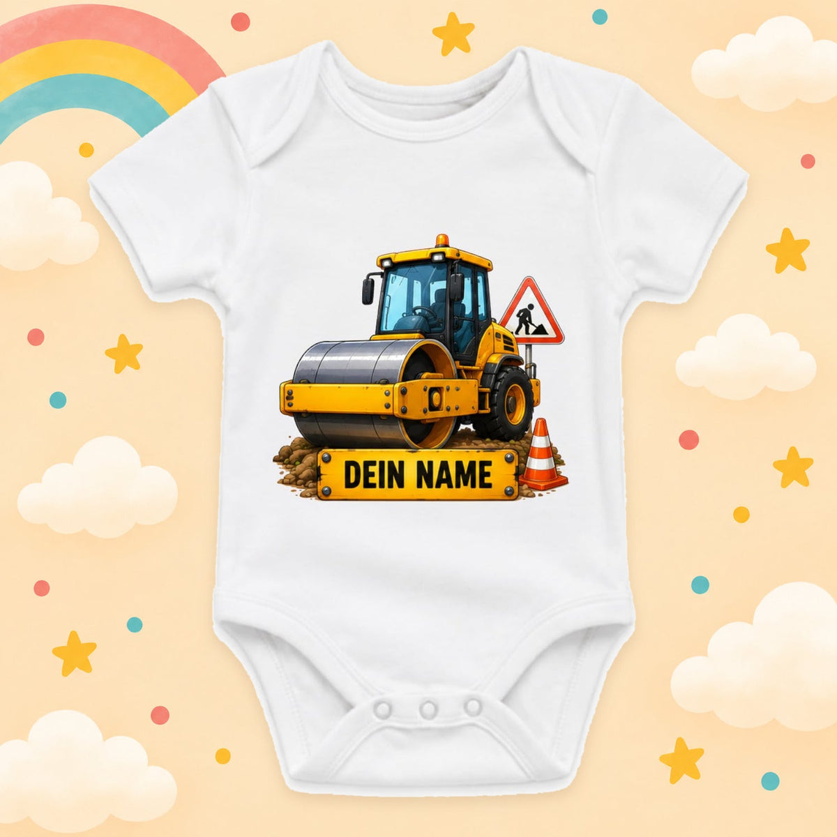Babybody Baustelle Personalisiert mit Wunschname – Weißer Kurzarm Baby Body aus Baumwolle – Baby Geschenk Geburt Junge Mädchen, Walze
