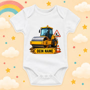 Babybody Baustelle Personalisiert mit Wunschname – Weißer Kurzarm Baby Body aus Baumwolle – Baby Geschenk Geburt Junge Mädchen, Walze