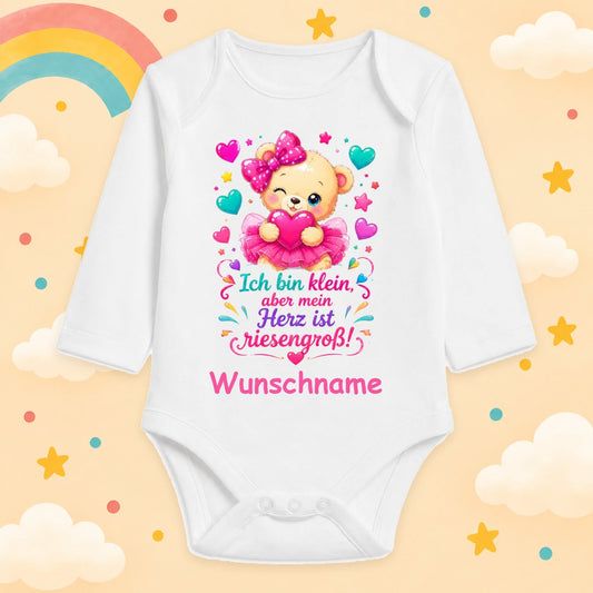 Personalisierter Babybody Mädchen Langarm mit Wunschname – Süßer Teddy Baby Body – Ich bin klein, aber mein Herz ist riesengroß – Geschenk zur Geburt & Babyparty