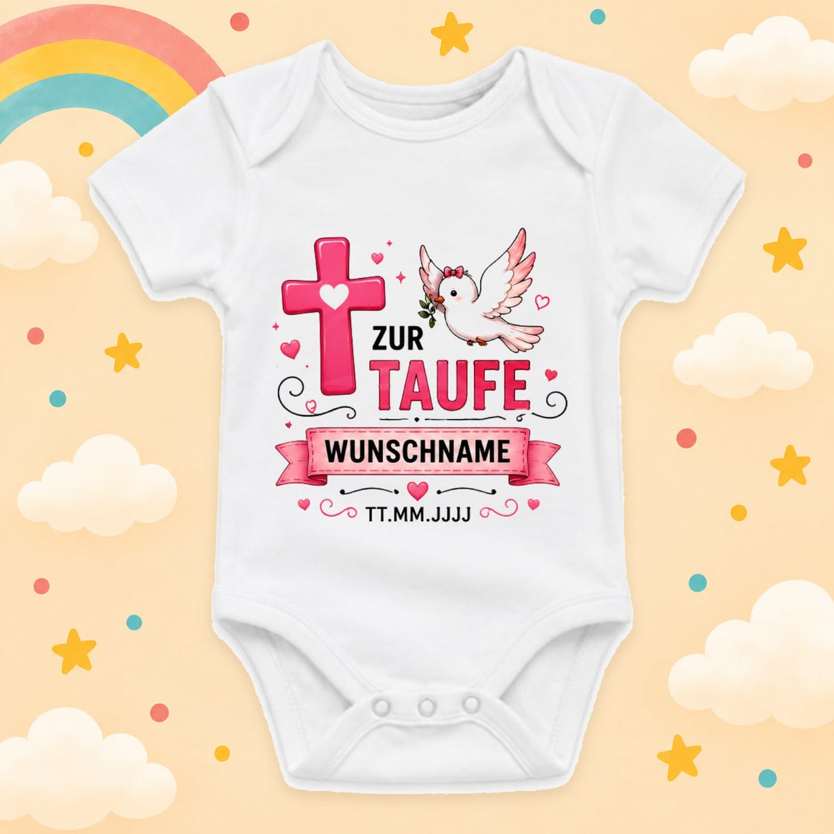 Personalisierter Babybody Taufe Mädchen mit Name & Datum – Taufbody Kurzarm – Geschenk zur Taufe – Taufgeschenk Baby – verschiedene Taufmotive mit Wunschname, Kreuz Taube