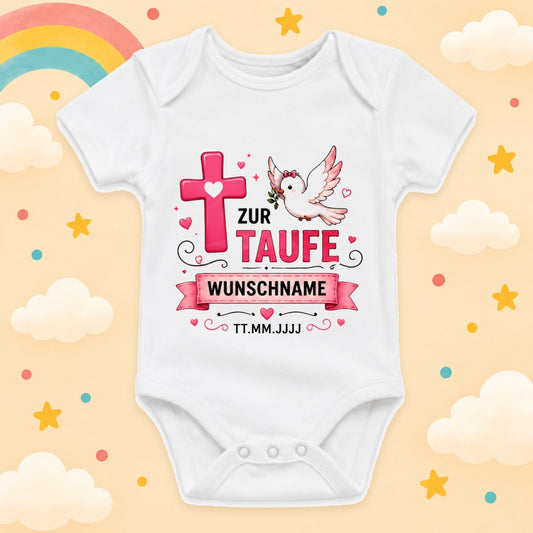 Personalisierter Babybody Taufe Mädchen mit Name & Datum – Taufbody Kurzarm – Geschenk zur Taufe – Taufgeschenk Baby – verschiedene Taufmotive mit Wunschname, Kreuz Taube