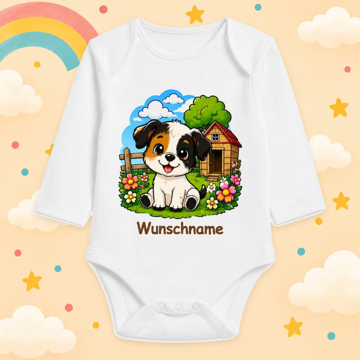Babybody Bauernhof personalisiert mit Name – Langarm Baby Body mit Wunschname Geschenk zur Geburt für Jungen & Mädchen, Hund