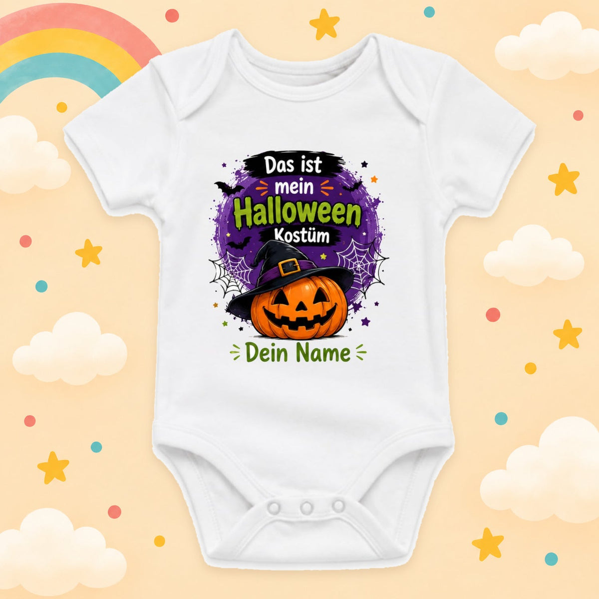 Baby Body Halloween Personalisiert mit Wunschname Weißer Kurzarm Body aus Baumwolle Süße Halloween Motive Geschenk Jungen Mädchen Neugeborene Geburt Taufe, Kürbis