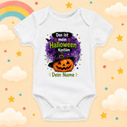 Baby Body Halloween Personalisiert mit Wunschname Weißer Kurzarm Body aus Baumwolle Süße Halloween Motive Geschenk Jungen Mädchen Neugeborene Geburt Taufe, Kürbis