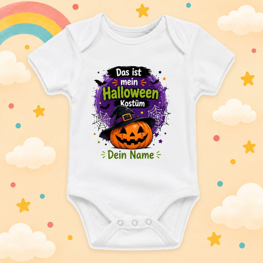 Baby Body Halloween Personalisiert mit Wunschname Weißer Kurzarm Body aus Baumwolle Süße Halloween Motive Geschenk Jungen Mädchen Neugeborene Geburt Taufe, Kürbis