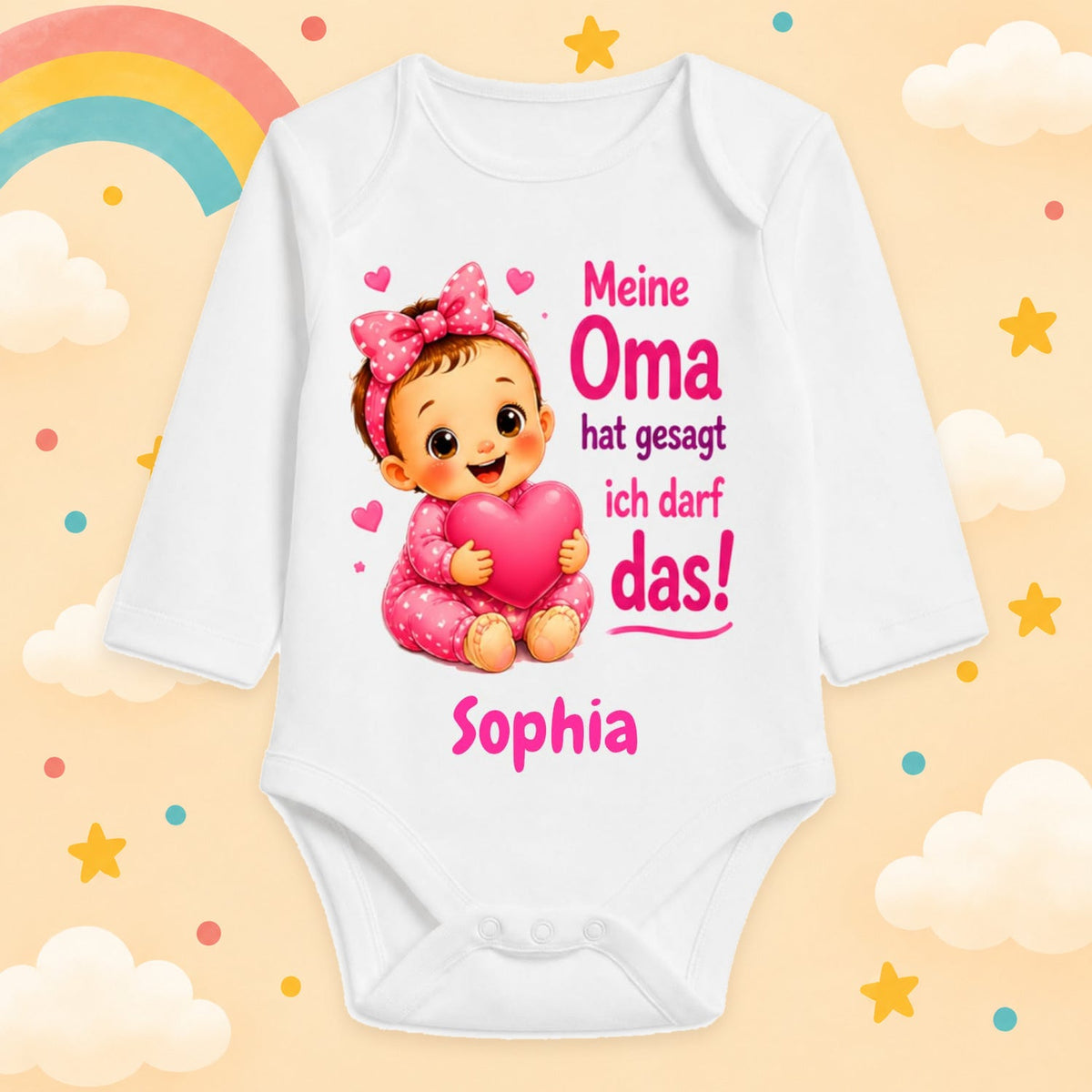 Babybody Mädchen personalisiert mit Wunschname Motiv & Spruch Meine Oma hat gesagt ich darf das Individuell bedruckt langarm Baumwolle weiß Geschenk zur Geburt, Taufe & Babyparty
