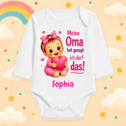 Babybody Mädchen personalisiert mit Wunschname Motiv & Spruch Meine Oma hat gesagt ich darf das Individuell bedruckt langarm Baumwolle weiß Geschenk zur Geburt, Taufe & Babyparty