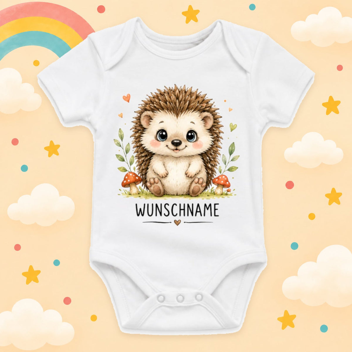 Babybody Motiv Igel personalisiert mit Wunschname unisex Individuell bedruckt kurzarm Baumwolle weiß süßes Tiermotiv Geschenk zur Geburt, Taufe & Babyparty