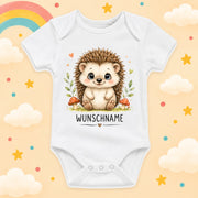 Babybody Motiv Igel personalisiert mit Wunschname unisex Individuell bedruckt kurzarm Baumwolle weiß süßes Tiermotiv Geschenk zur Geburt, Taufe & Babyparty