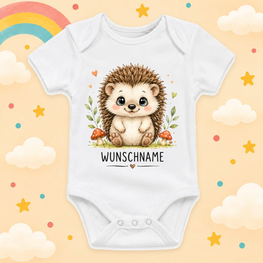 Babybody Motiv Igel personalisiert mit Wunschname unisex Individuell bedruckt kurzarm Baumwolle weiß süßes Tiermotiv Geschenk zur Geburt, Taufe & Babyparty
