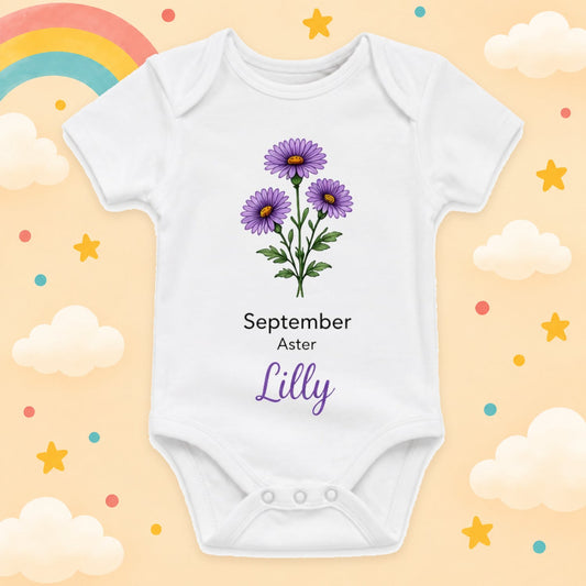 Personalisierter Babybody Geburtsblume mit Wunschname Weißer Kurzarm Baby Body aus Baumwolle – Geschenk zur Geburt, Taufe, Babyparty für Jungen & Mädchen, September