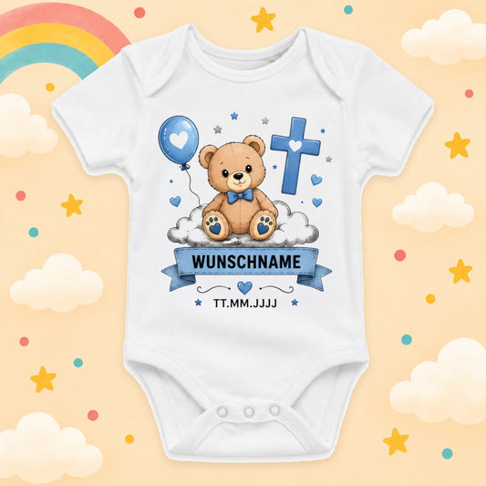 Personalisierter Baby Body Taufe mit Name & Datum – Taufbody Junge Geschenk zur Taufe – Babybody mit Wunschname Taufgeschenk, Bär